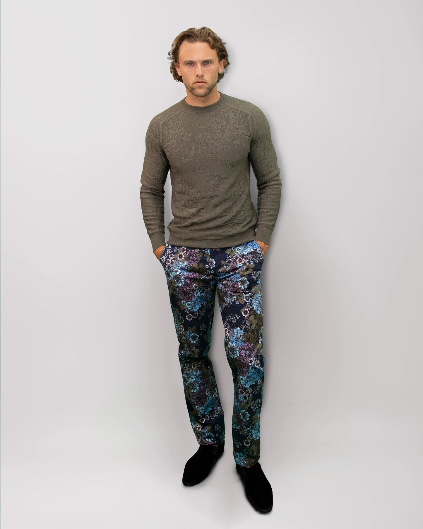 CASPIAN MARCO FLORAL STRETCH COTTON CHINO PANT - NAVY