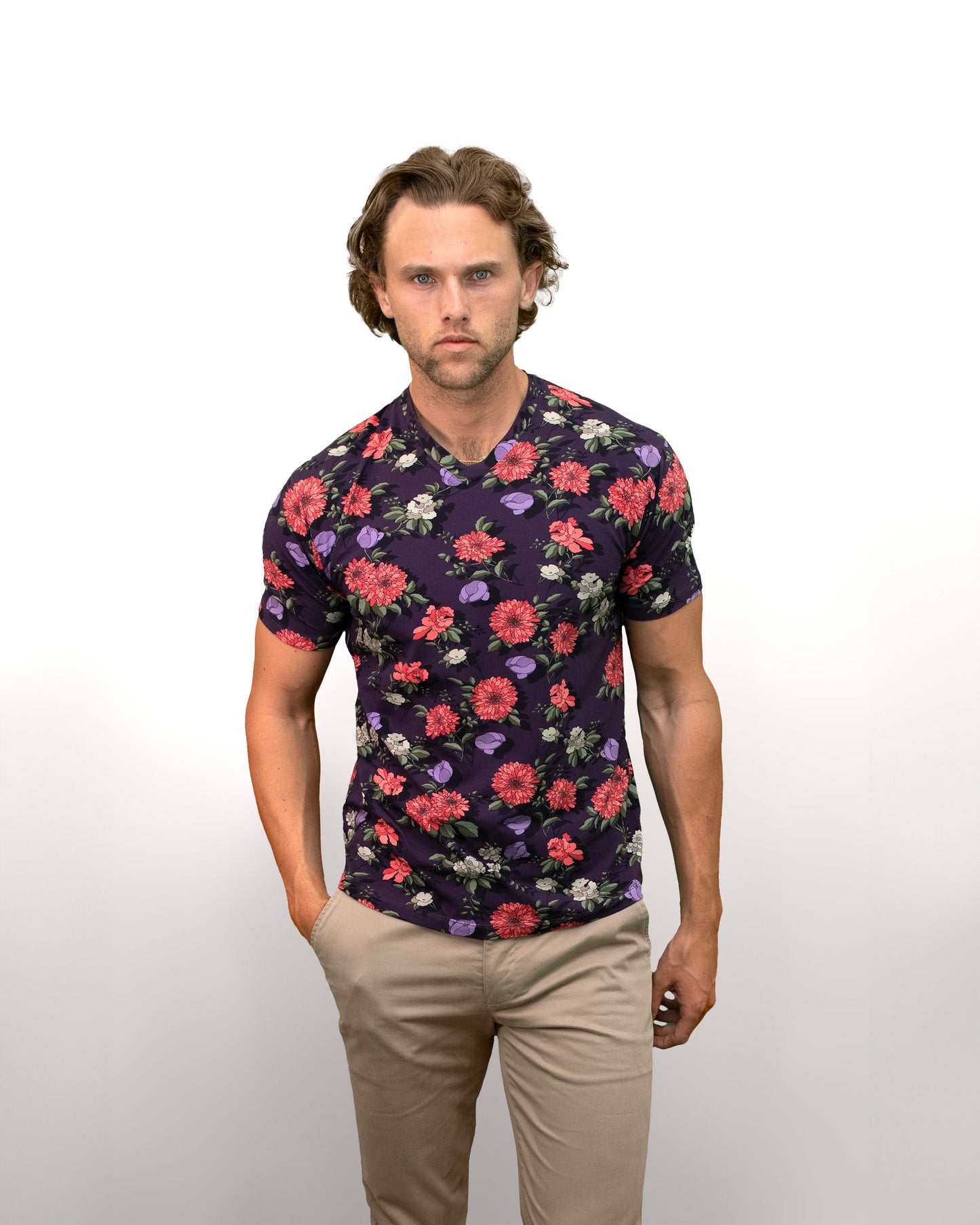 MAZE AUGUSTUS FLORAL V-NECK TEE - PLUM