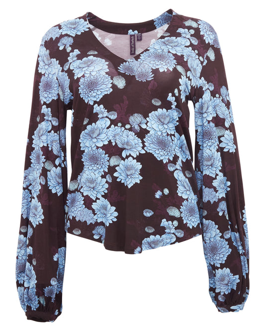 VAL SERIOUS FLORAL LONG SLEEVE V-NECK SHIRT - PLUM