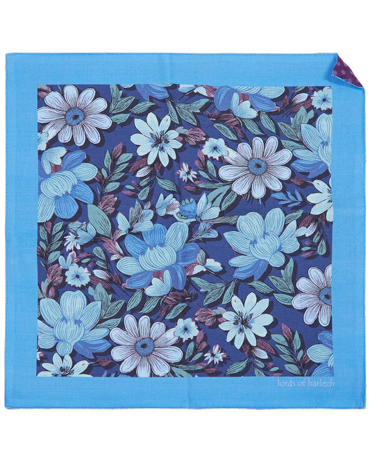 HUDSON CATALAN FLORAL MERINO HANDKERCHIEF POCKET SQUARE - NAVY