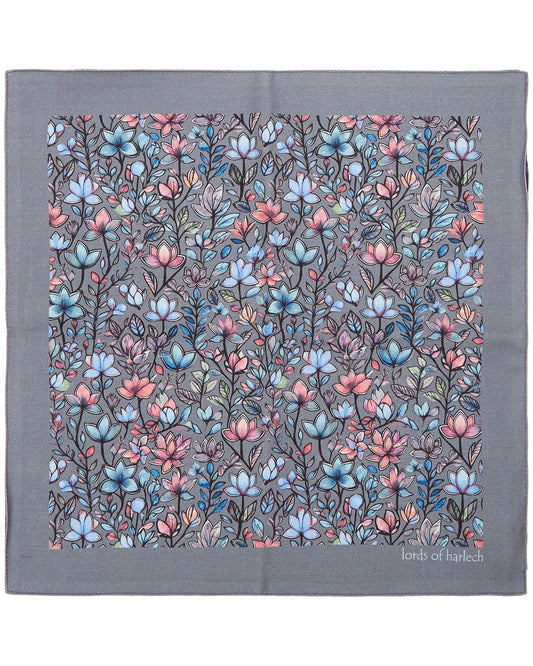 HUDSON MYSTIC FLORAL MERINO HANDKERCHIEF POCKET SQUARE - GREY
