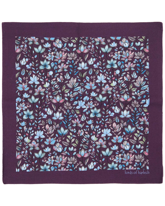 HUDSON MYSTIC FLORAL MERINO HANDKERCHIEF POCKET SQUARE - PLUM