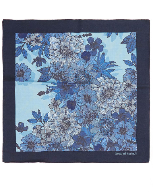 HUDSON VALENCIA FLORAL MERINO HANDKERCHIEF POCKET SQUARE - TEAL