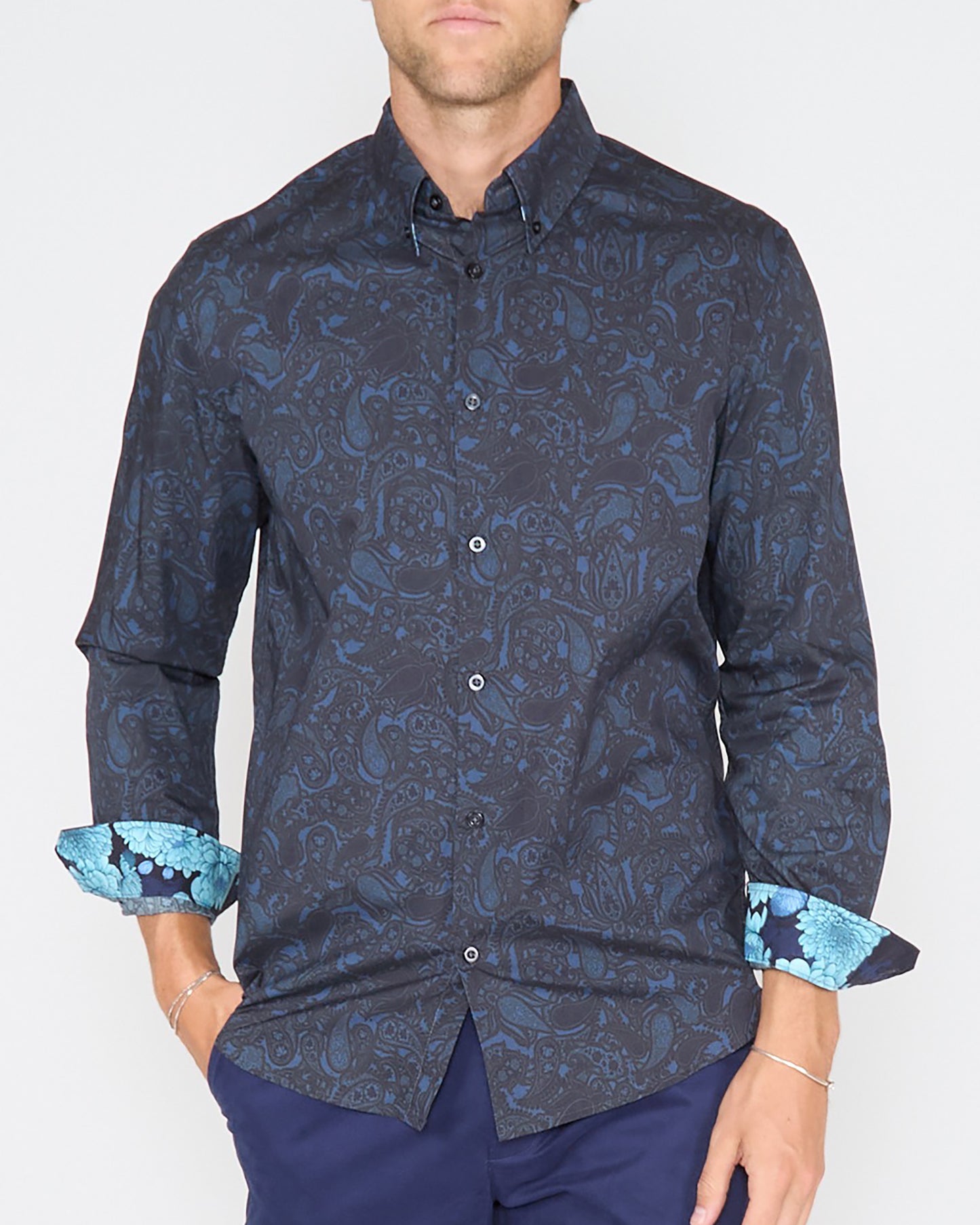 MORRIS MADRID PAISLEY SHIRT - NAVY