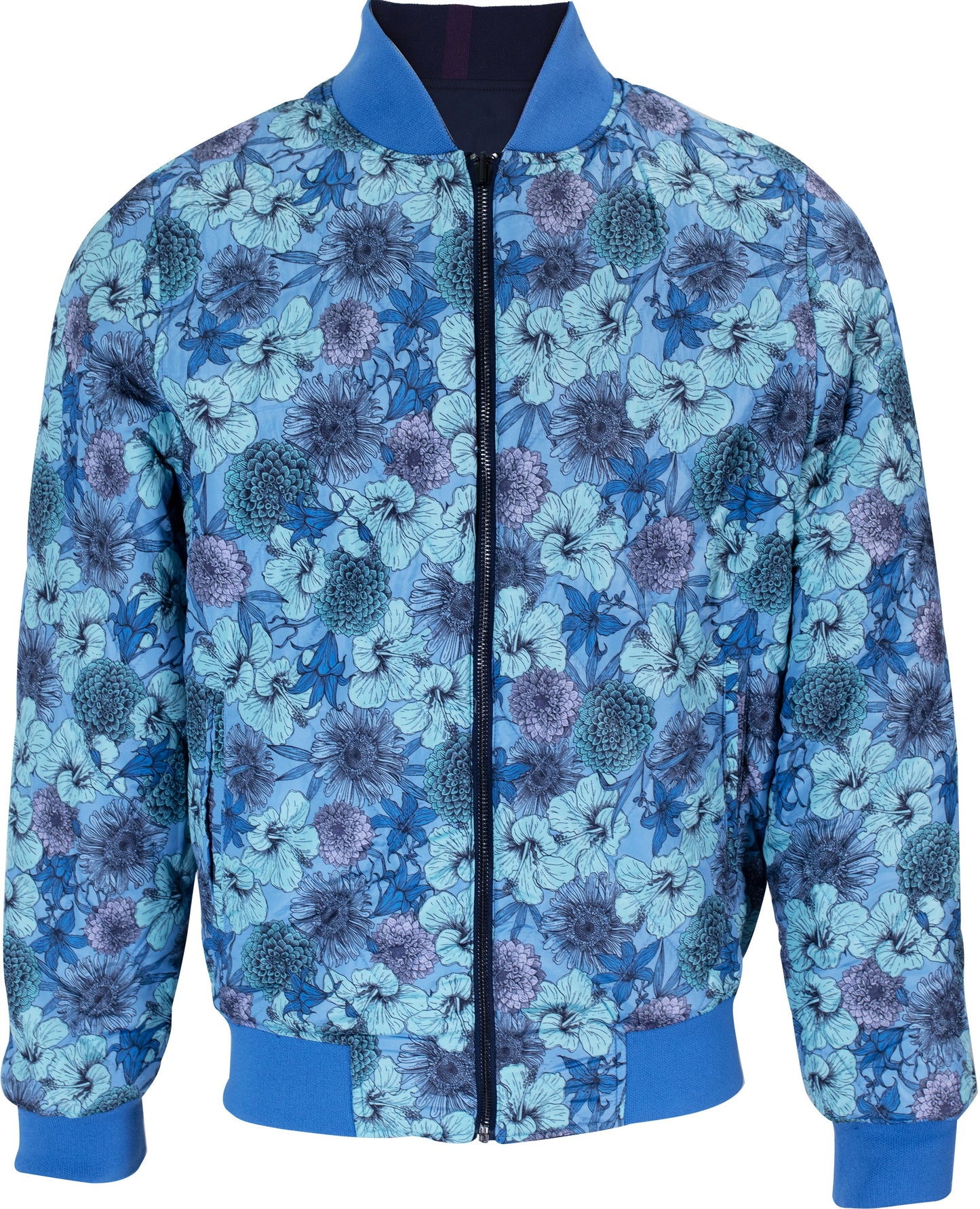RON HIBISCUS GARDEN REVERSIBLE BOMBER JACKET IN NAVY