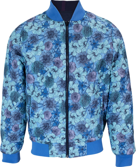 RON HIBISCUS GARDEN REVERSIBLE BOMBER JACKET IN NAVY