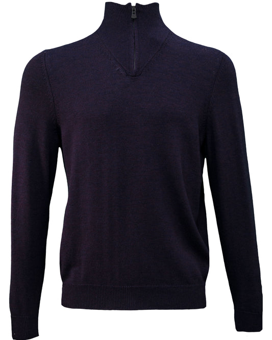 QUEST VOLLMODISCHER MERINO-PULLOVER MIT VIERTELREISSVERSCHLUSS – MARINEBLAU-PFLAUM-TWIST