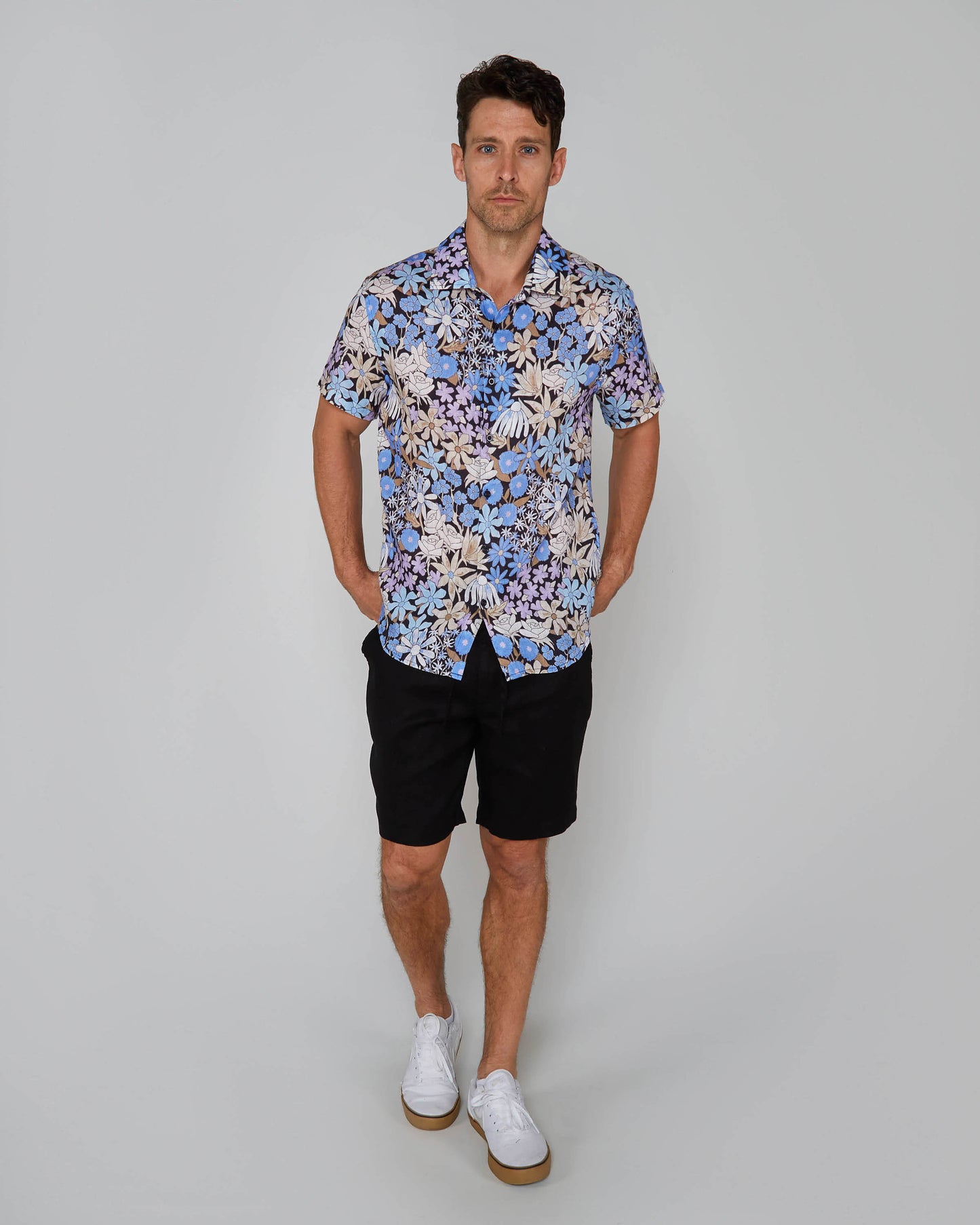 LANDON ROUGH FLORAL LINEN SHIRT - BLACK