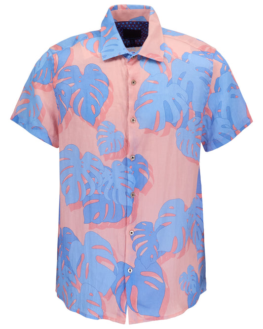 LANDON MONSTERA FLORAL CORAL MENS LINEN SHIRT