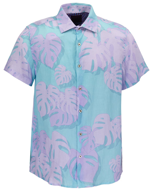 LANDON MONSTERA FLORAL TEAL MENS LINEN SHIRT