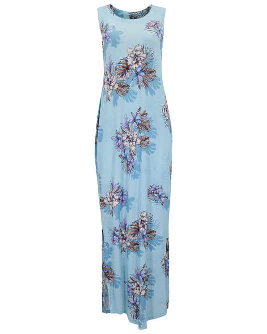 TRUDY EXOTIC FLORAL TEAL WOMENS SLEEVELESS MIDI DRESS