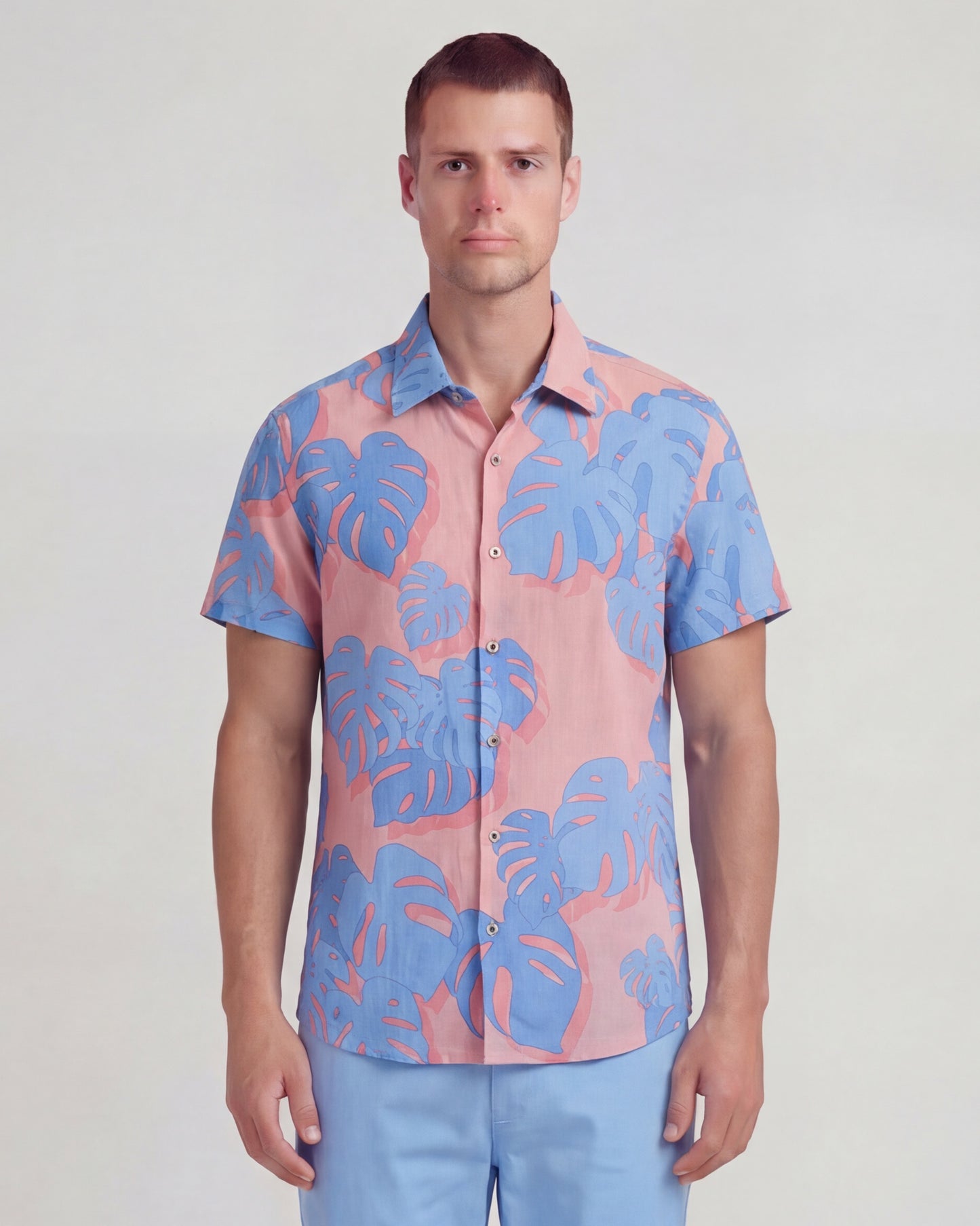 LANDON MONSTERA FLORAL CORAL MENS LINEN SHIRT