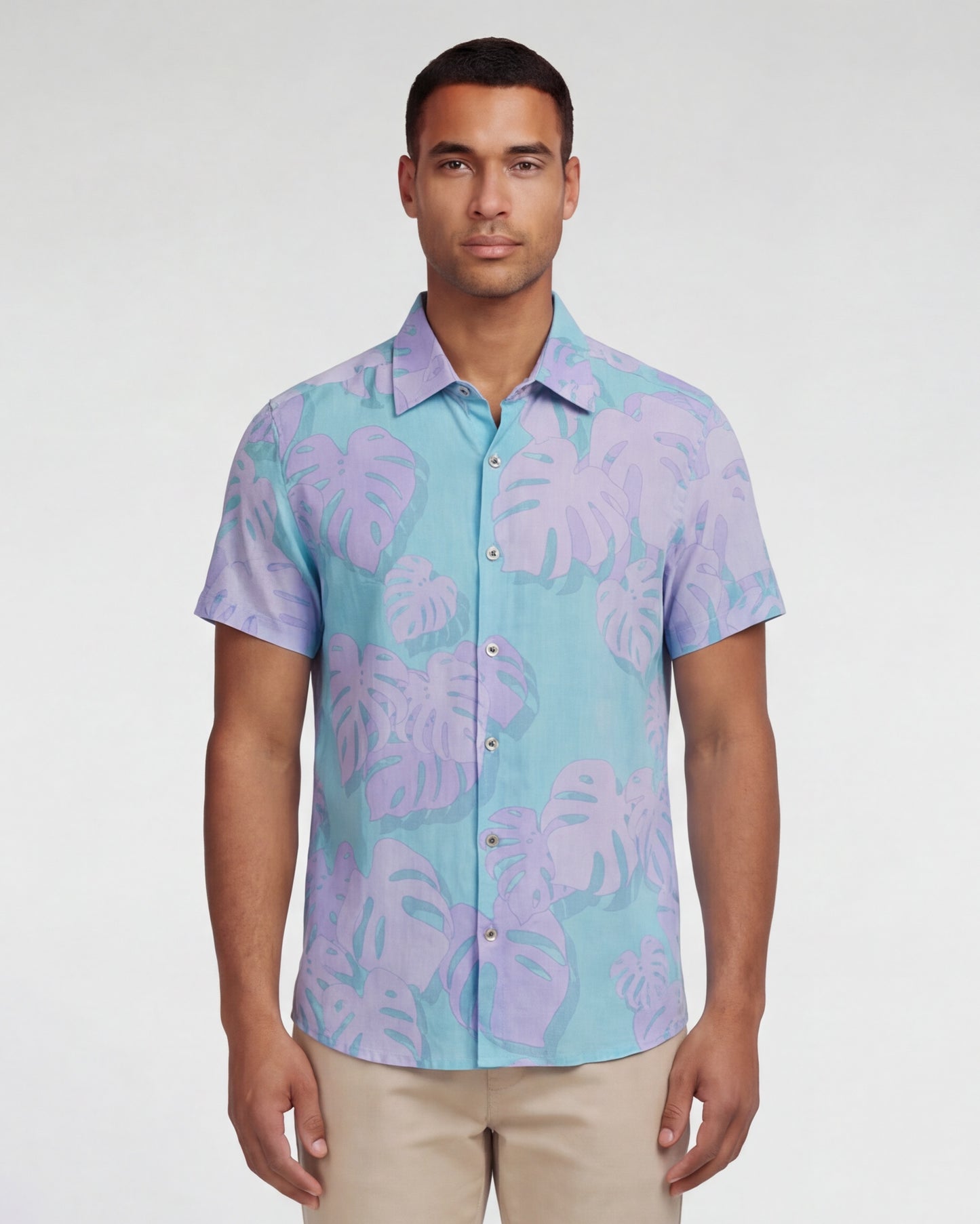 LANDON MONSTERA FLORAL TEAL MENS LINEN SHIRT
