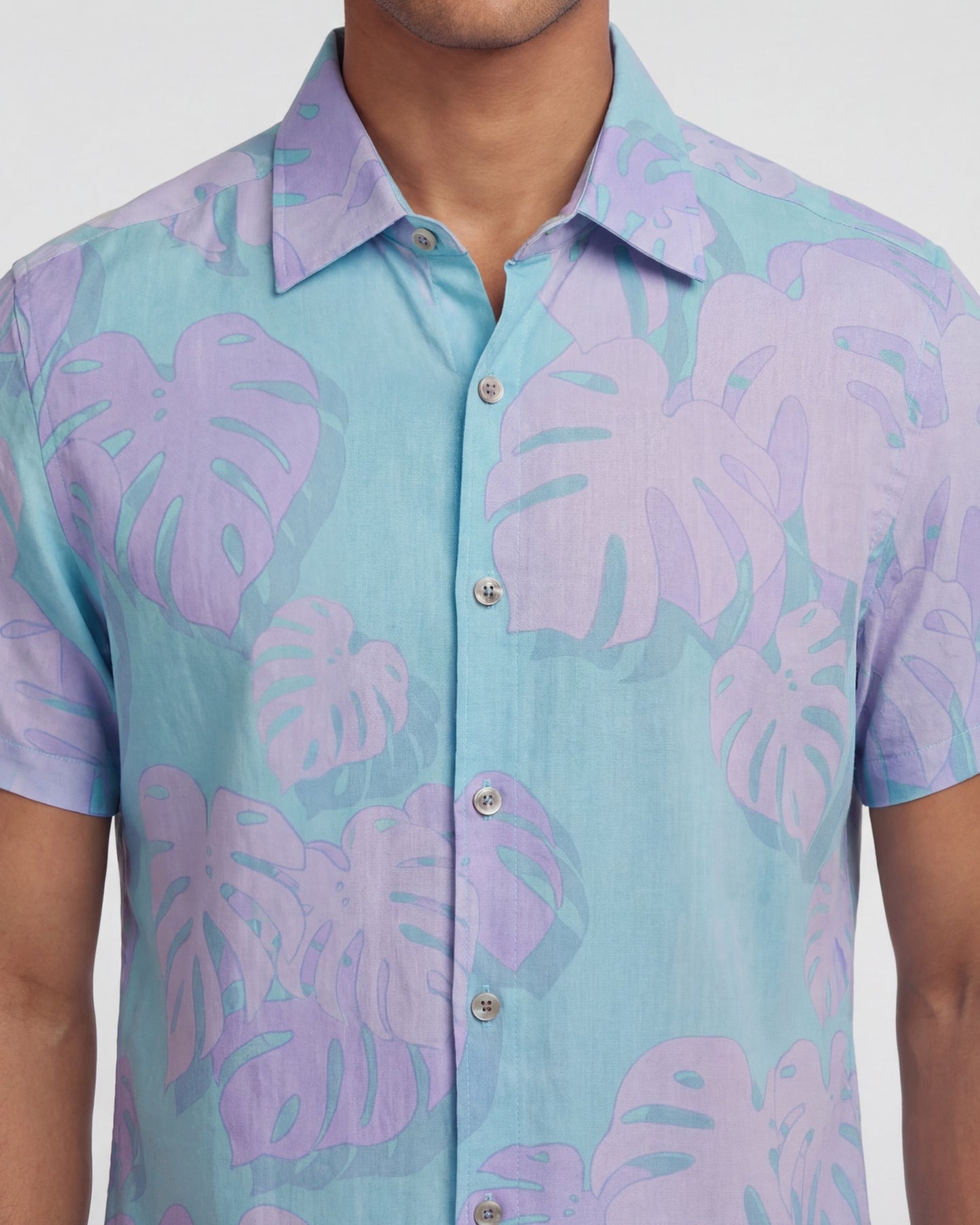 LANDON MONSTERA FLORAL TEAL MENS LINEN SHIRT