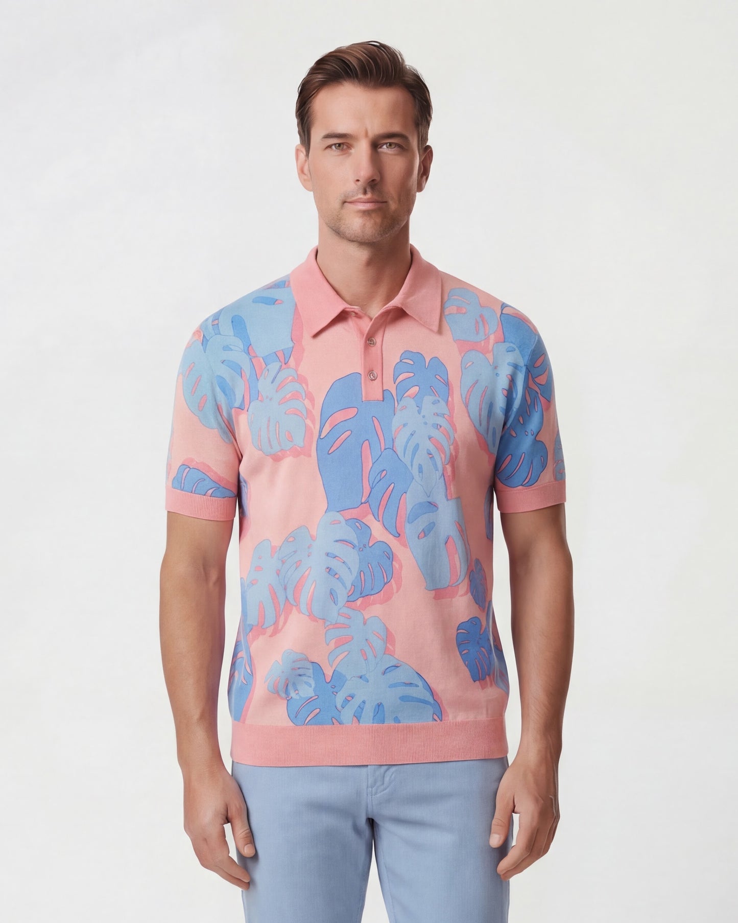 PILGRIM MONSTERA FLORAL CORAL MENS MERINO SILK CASHMERE POLO