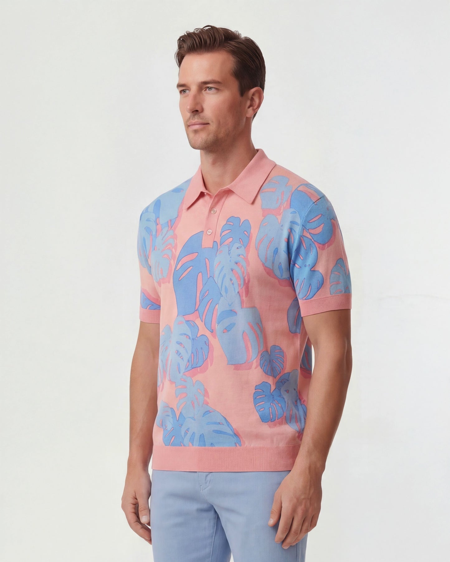 PILGRIM MONSTERA FLORAL CORAL MENS MERINO SILK CASHMERE POLO