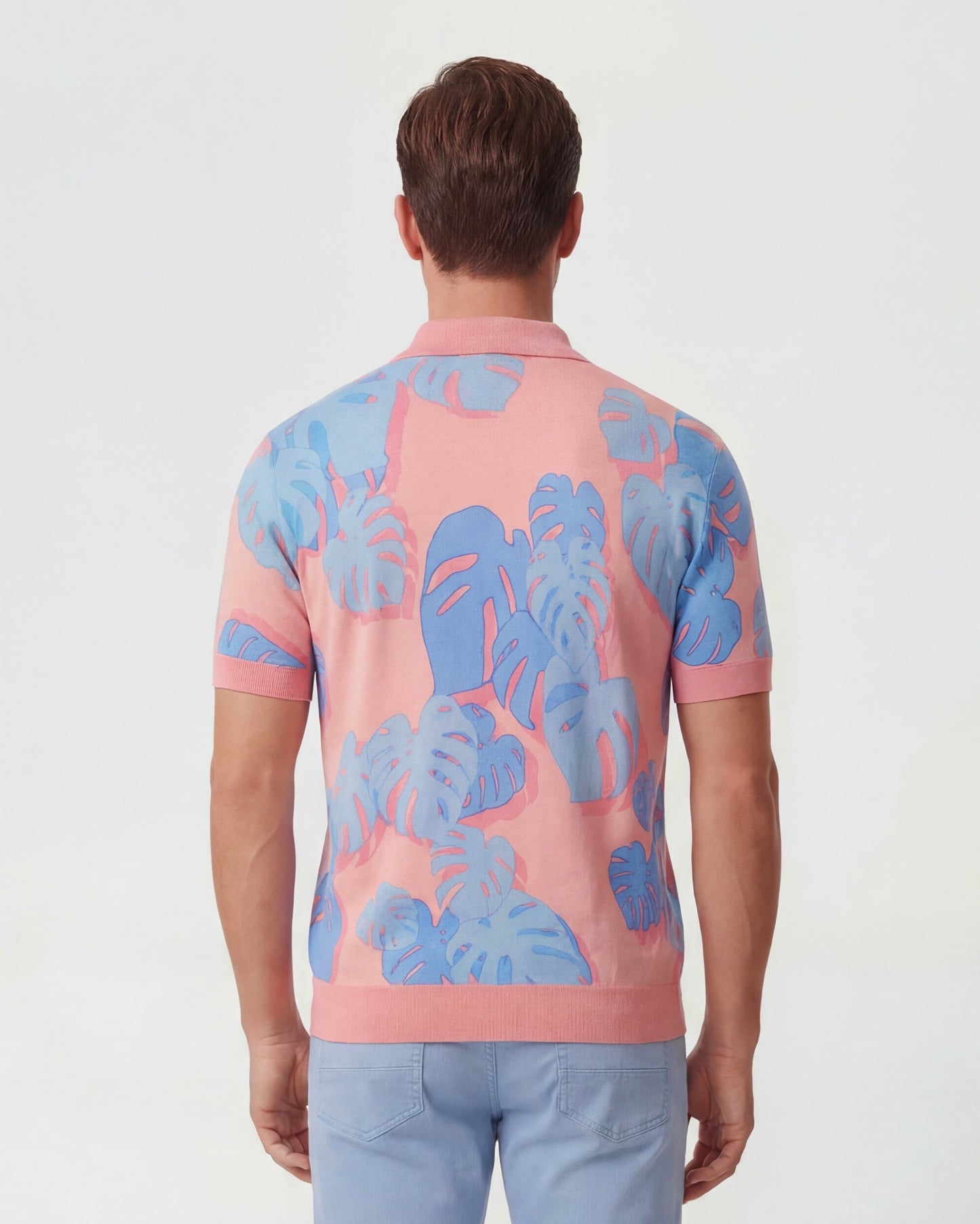 PILGRIM MONSTERA FLORAL CORAL MENS MERINO SILK CASHMERE POLO