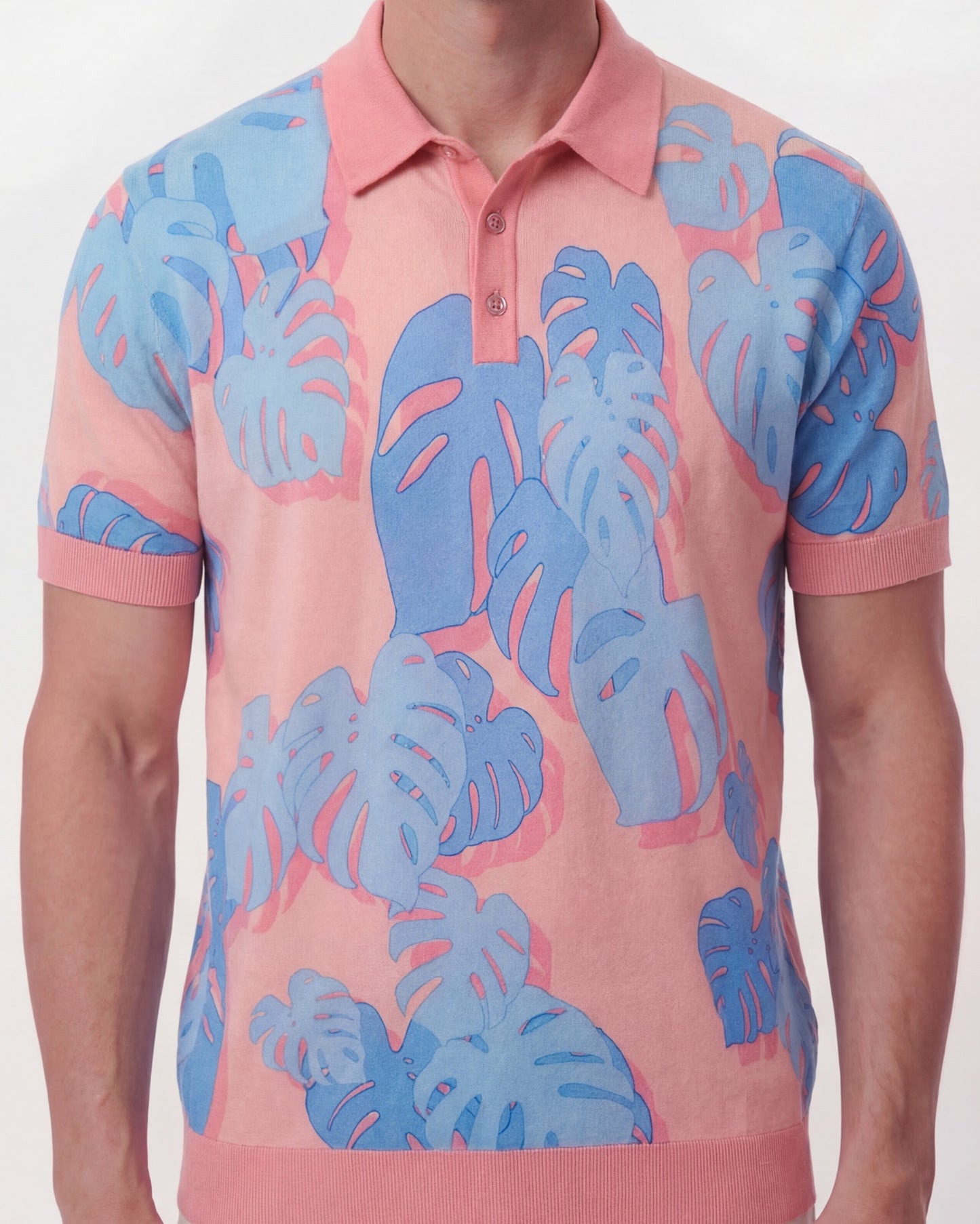 PILGRIM MONSTERA FLORAL CORAL MENS MERINO SILK CASHMERE POLO
