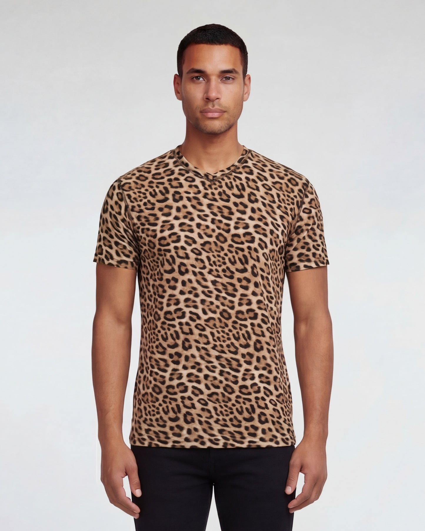 VICTOR LEOPARD BROWN MENS WOOL VNECK TEE