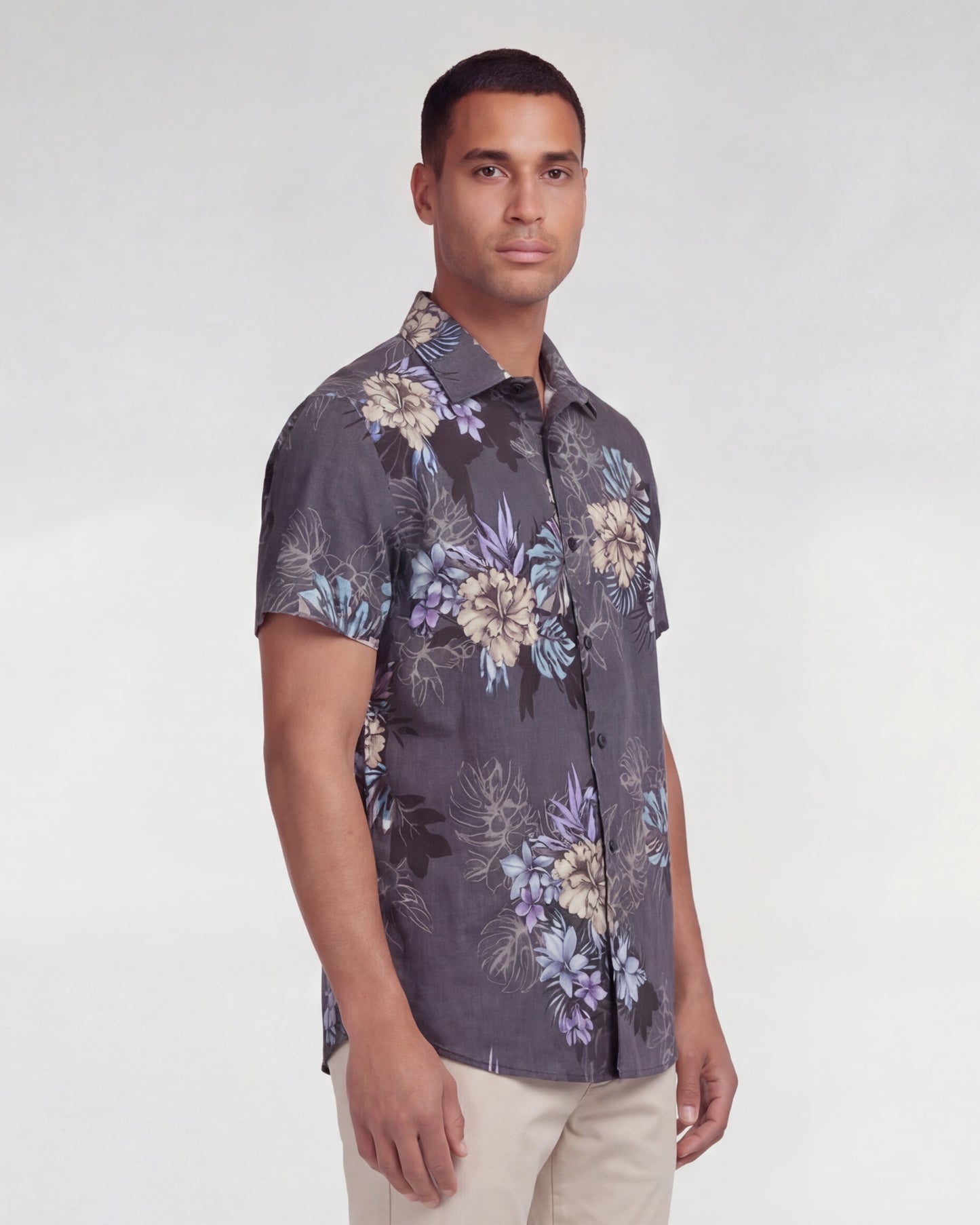LOIC EXOTIC FLORAL BLACK MENS LINEN PRINTED SHIRT