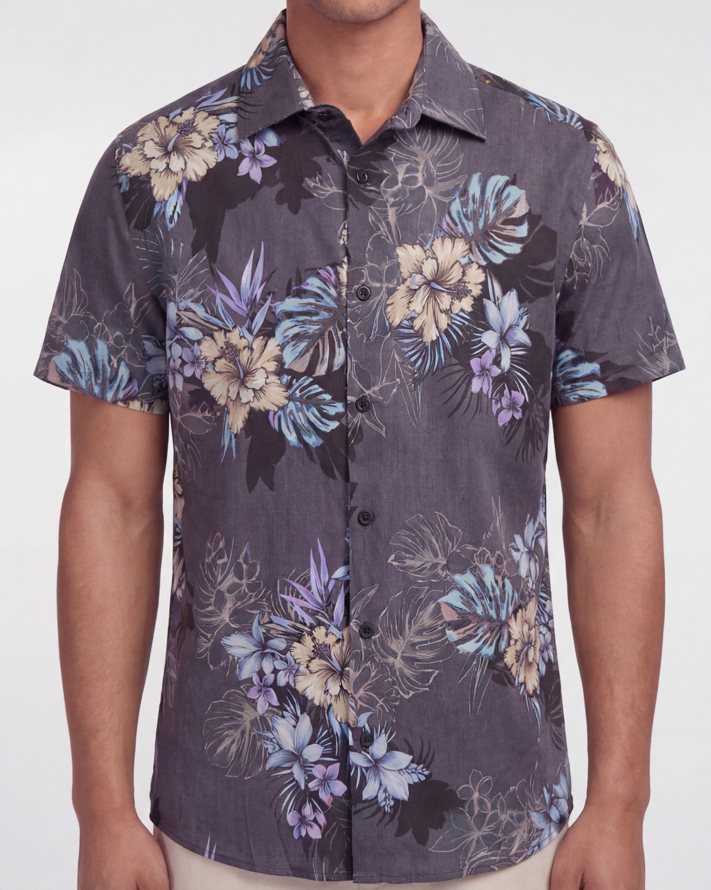 LOIC EXOTIC FLORAL BLACK MENS LINEN PRINTED SHIRT