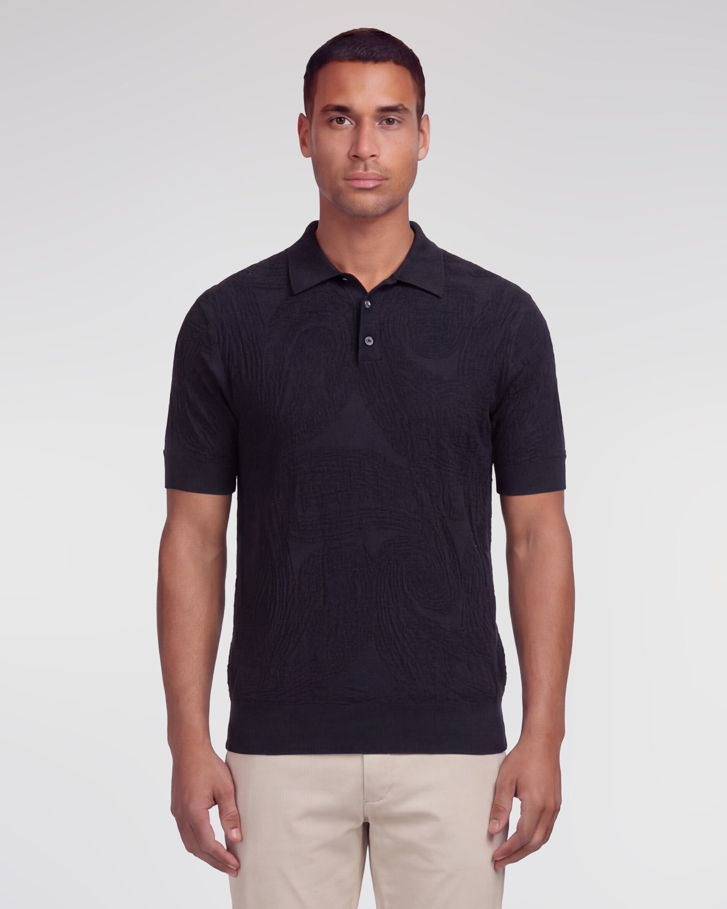PETERSON BLACK MENS JACQUARD LINEN COTTON POLO