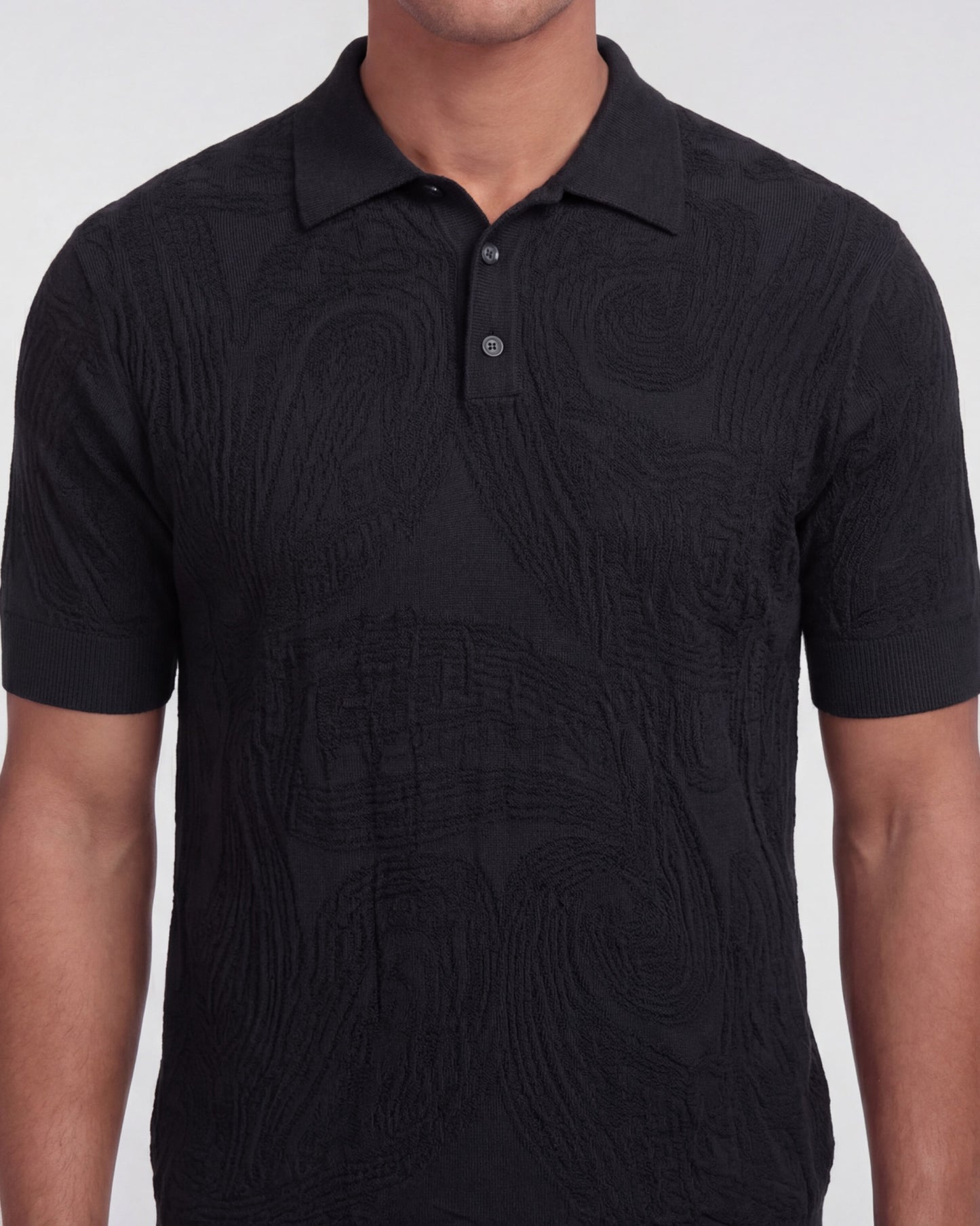PETERSON BLACK MENS JACQUARD LINEN COTTON POLO