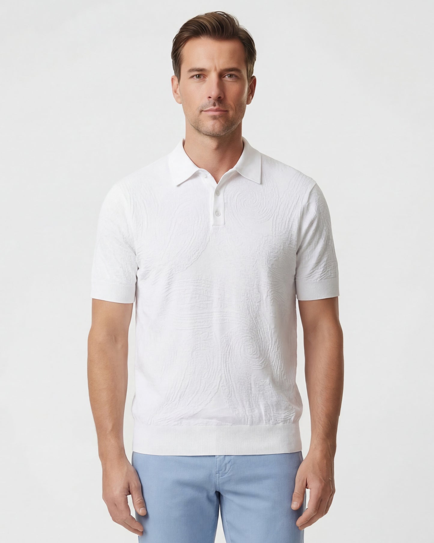 PETERSON WHITE MENS JACQUARD LINEN COTTON POLO