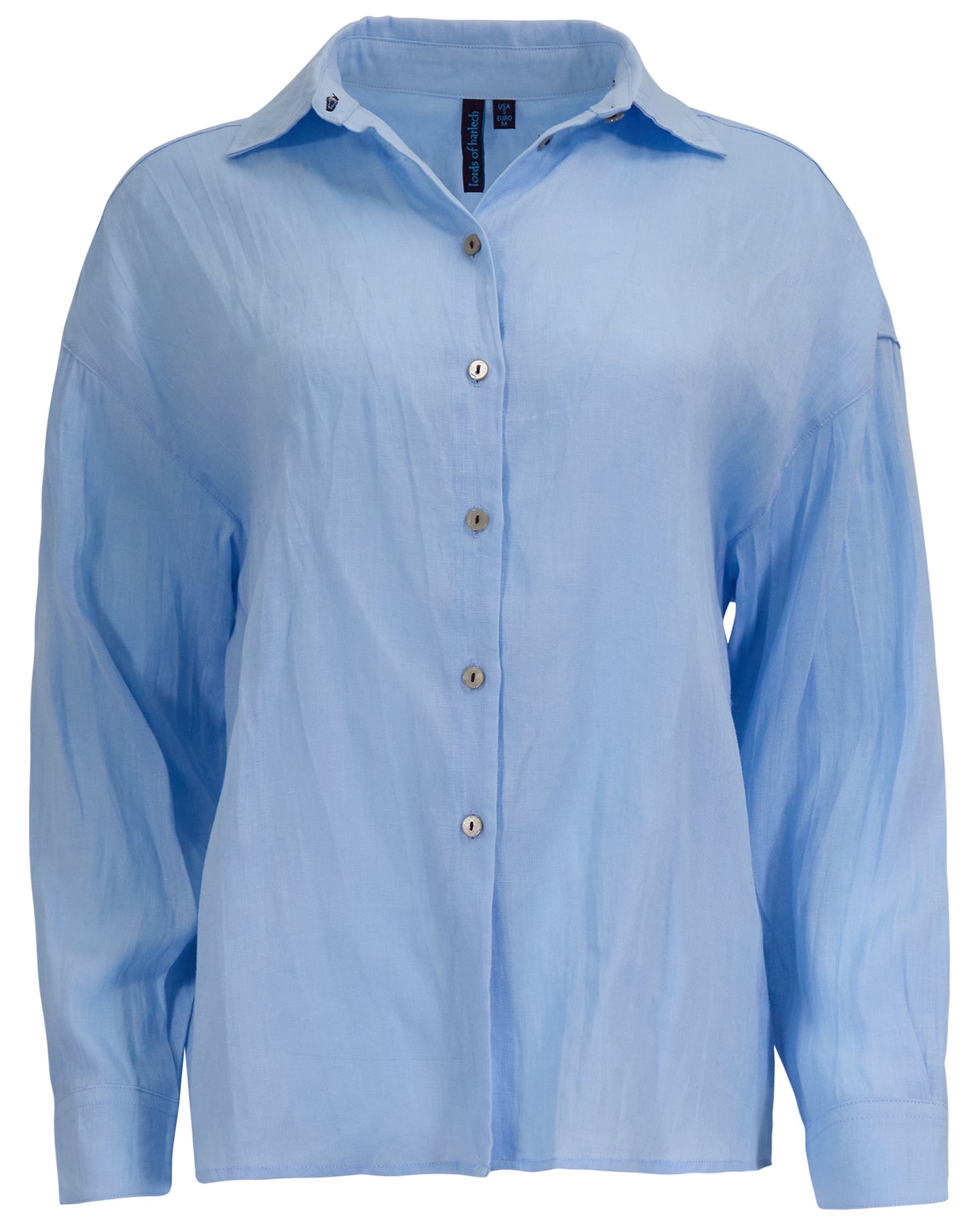 LYDIA CROCHET BLUE WOMENS RELAXED LINEN SHIRT