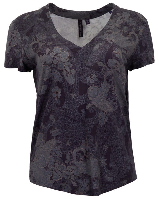 VICTORIA PAISLEY EXPLOSION BLACK WOMENS V-NECK PRINTED TOP