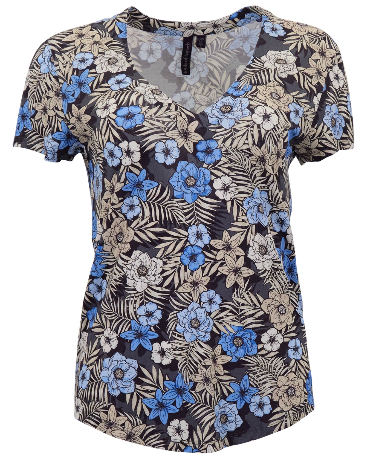 VICTORIA TROPICAL MIX BLACK WOMENS V-NECK PRINTED TOP