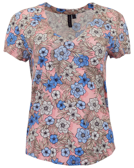 VICTORIA TROPICAL MIX CORAL WOMENS V-NECK PRINTED TOP