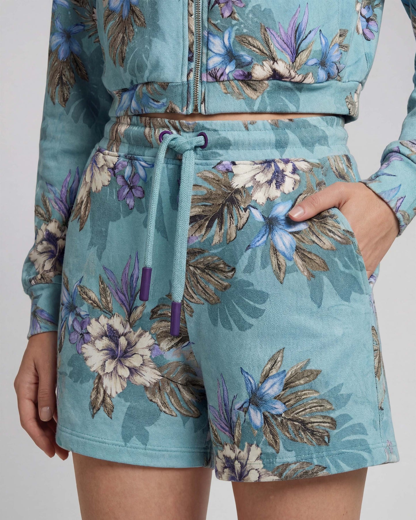 PENELOPE EXOTIC FLORAL TEAL WOMENS DRAWSTRING SHORT