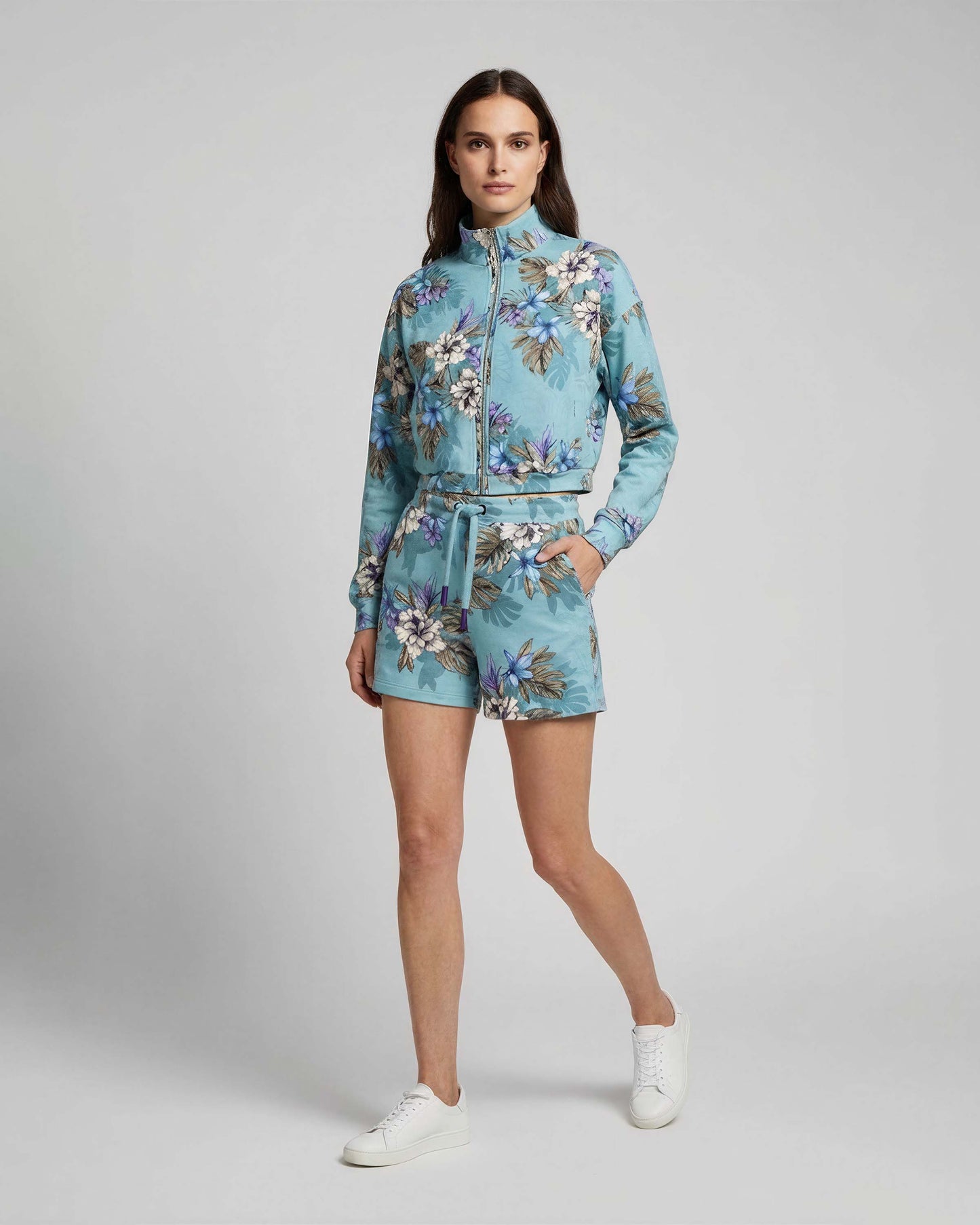 PENELOPE EXOTIC FLORAL TEAL WOMENS DRAWSTRING SHORT