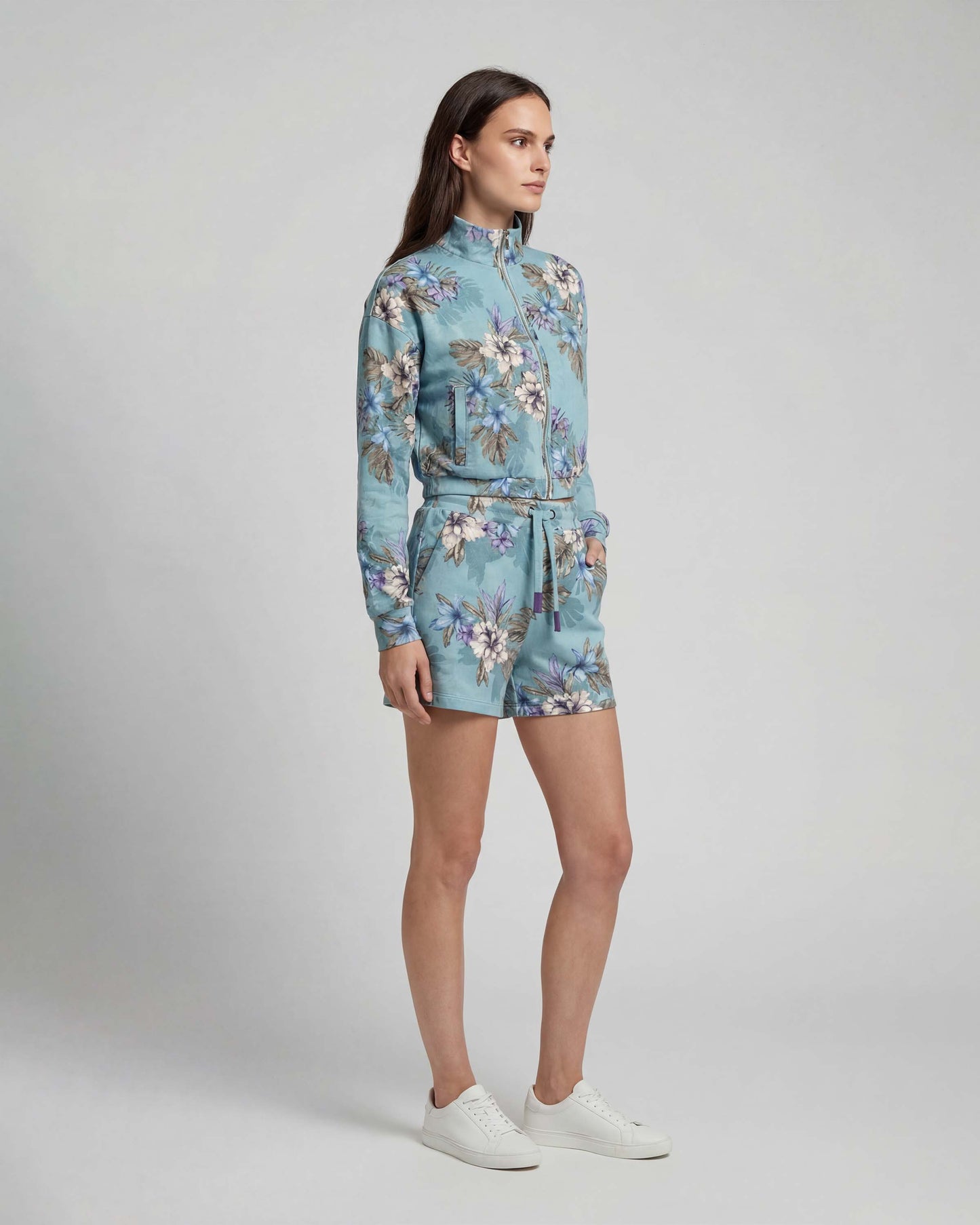 PENELOPE EXOTIC FLORAL TEAL WOMENS DRAWSTRING SHORT