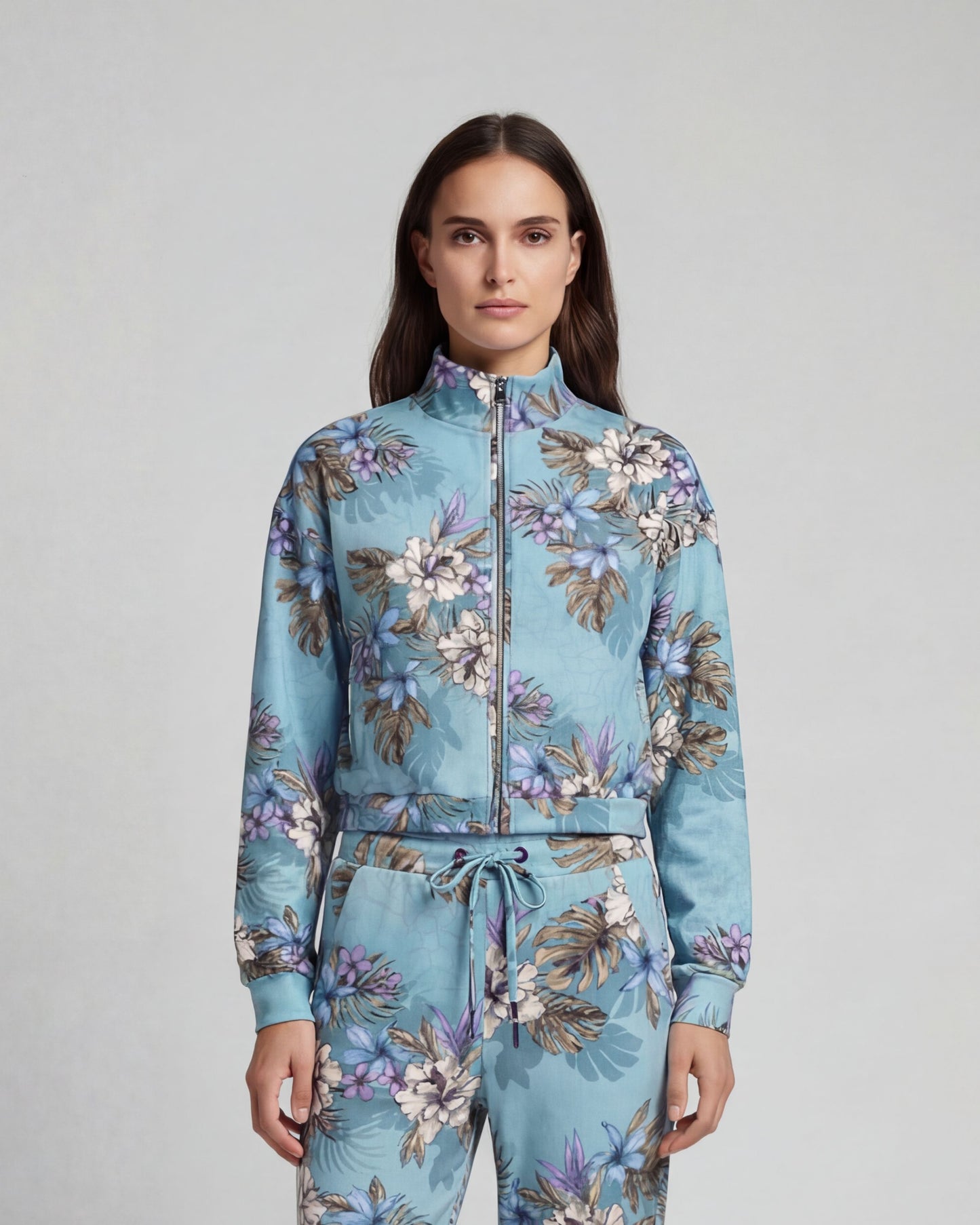 JUDY EXOTIC FLORAL TEAL WOMENS CROPPED ZIP JACKET