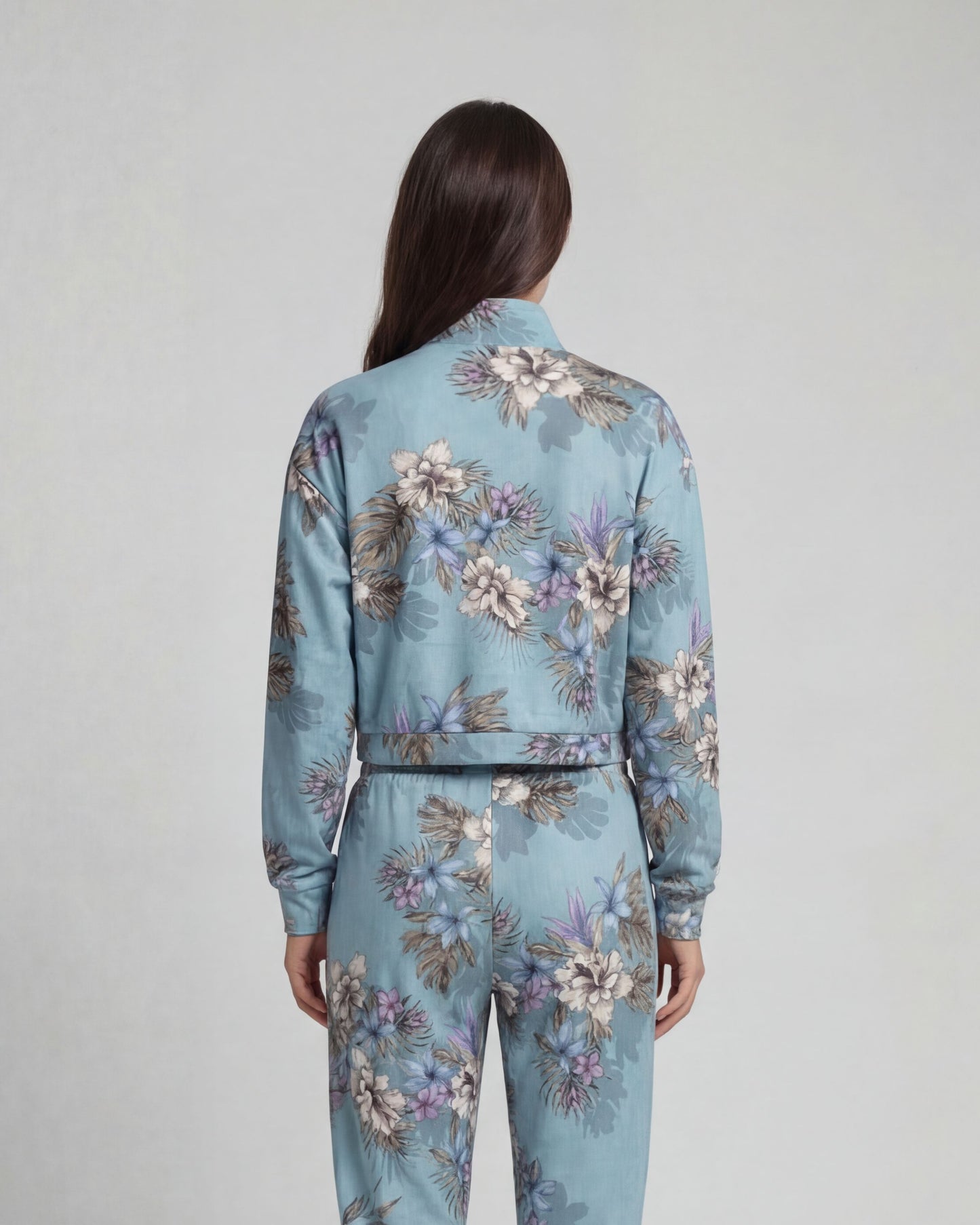 JUDY EXOTIC FLORAL TEAL WOMENS CROPPED ZIP JACKET
