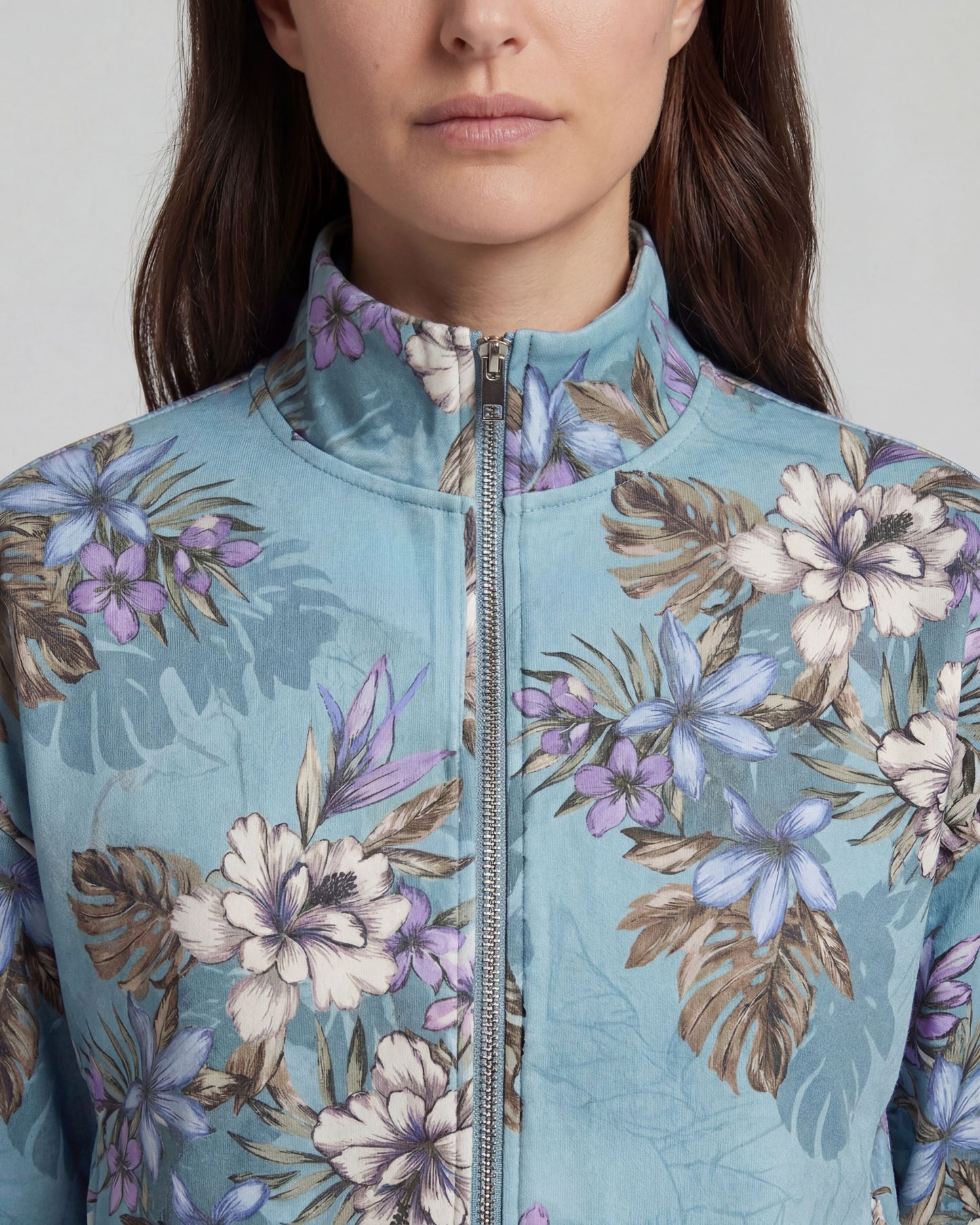 JUDY EXOTIC FLORAL TEAL WOMENS CROPPED ZIP JACKET