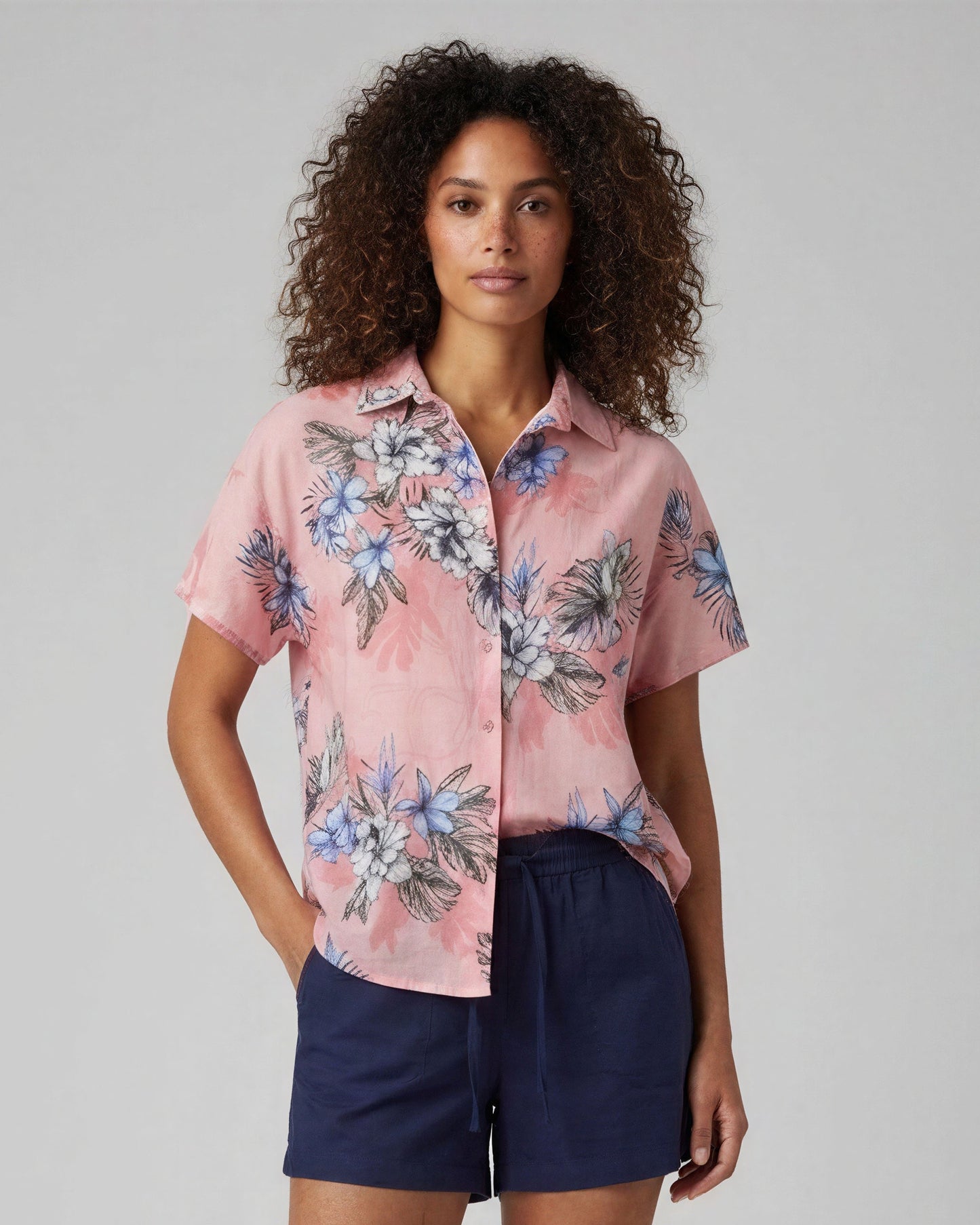 LARA EXOTIC FLORAL CORAL WOMENS RELAXED LINEN SHIRT