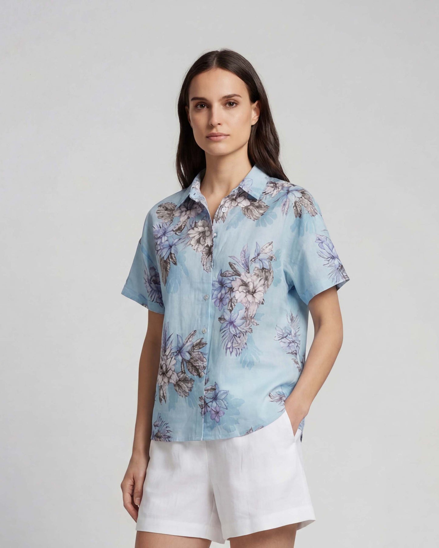 LARA EXOTIC FLORAL TEAL WOMENS RELAXED LINEN SHIRT