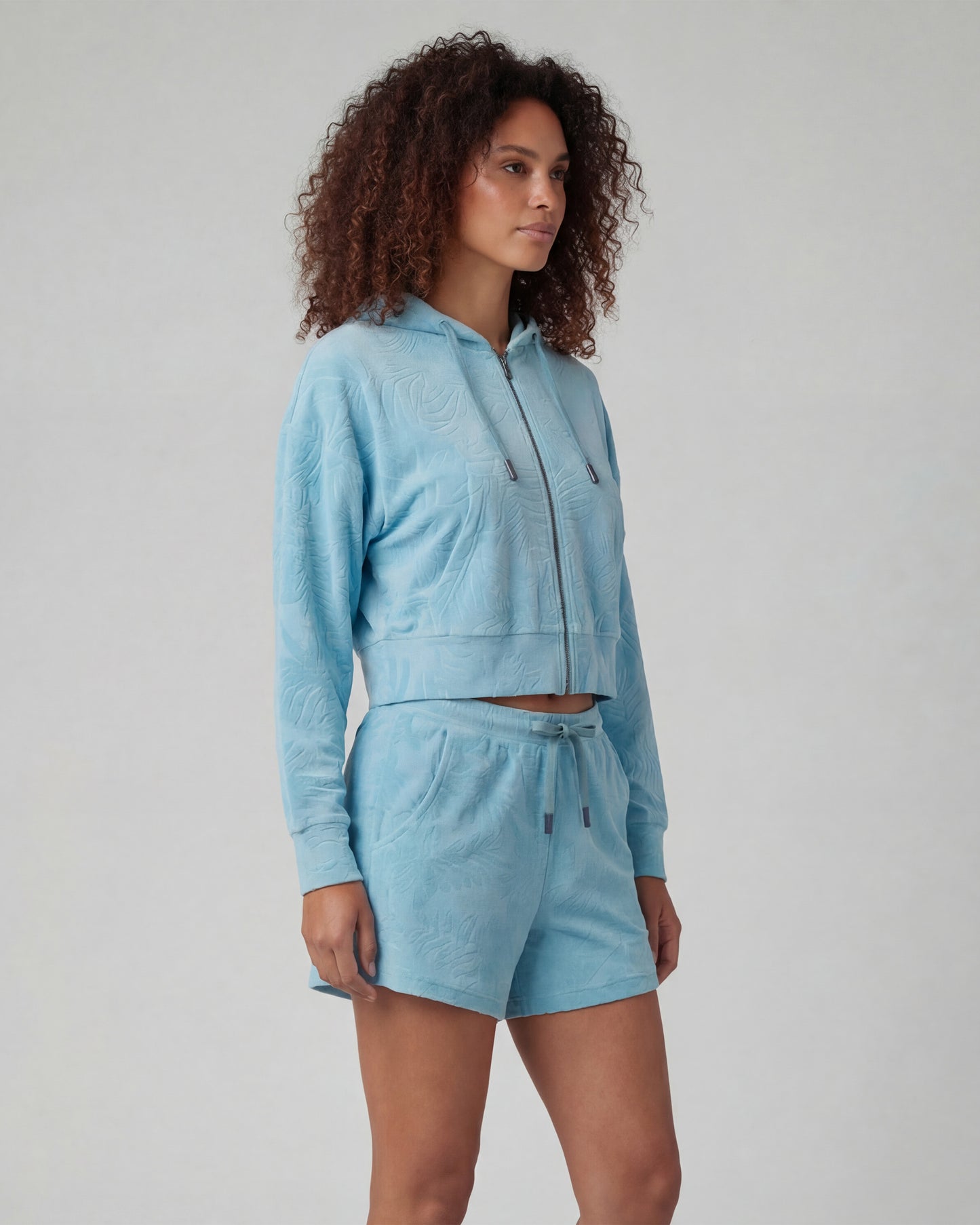 FIONA TEAL WOMENS CROPPED TERRY TOWELING ZIP HOODIE