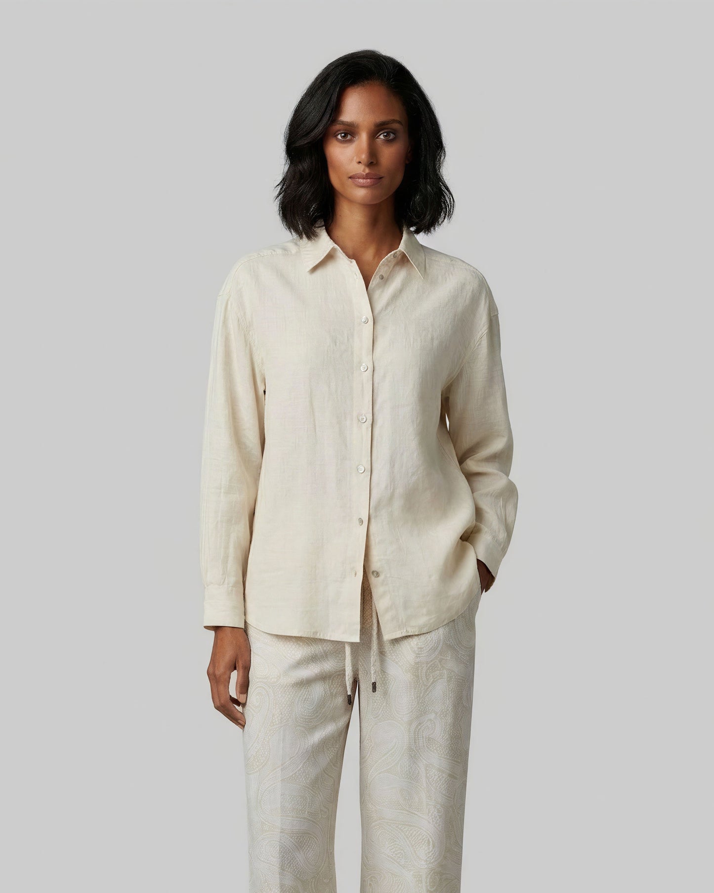 LYDIA CROCHET NATURAL WOMENS RELAXED LINEN SHIRT