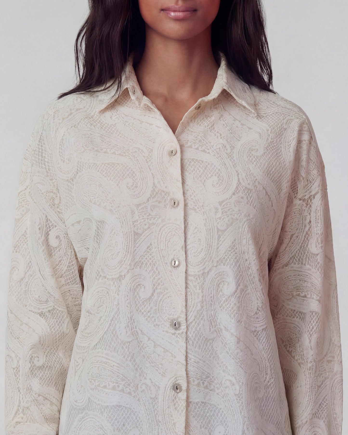 LYDIA CROCHET CROCHET PAISLEY IVORY WOMENS RELAXED LINEN SHIRT