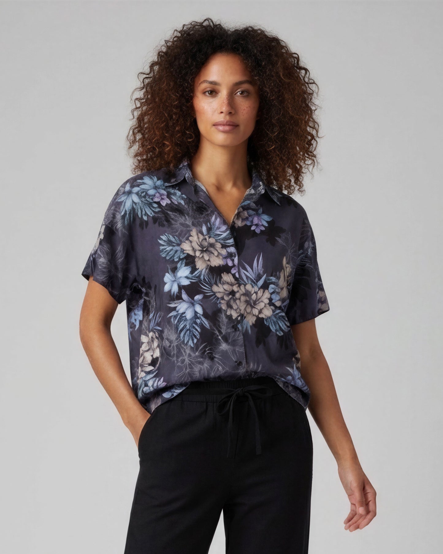 LARA EXOTIC FLORAL BLACK WOMEN'S RELAXED LINEN SHIRT