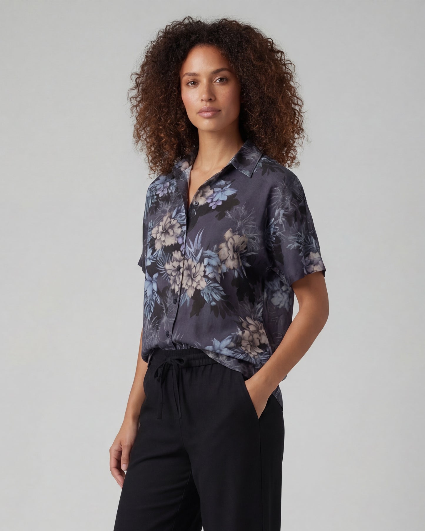 LARA EXOTIC FLORAL BLACK WOMEN'S RELAXED LINEN SHIRT