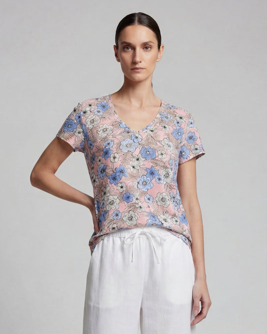 VICTORIA TROPICAL MIX CORAL WOMENS V-NECK PRINTED TOP