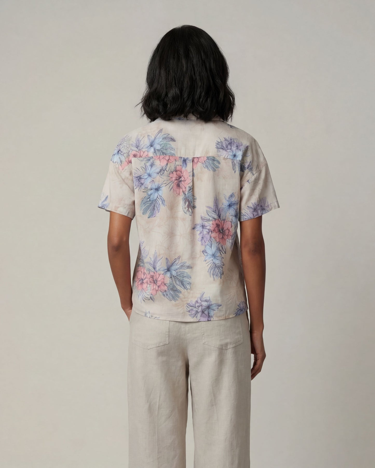 LARA EXOTIC FLORAL NATURAL WOMENS RELAXED LINEN SHIRT