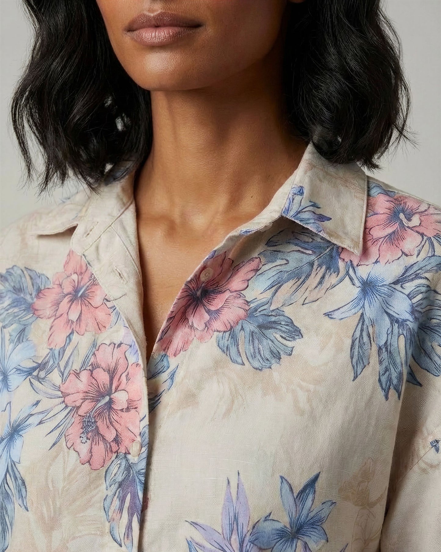 LARA EXOTIC FLORAL NATURAL WOMENS RELAXED LINEN SHIRT