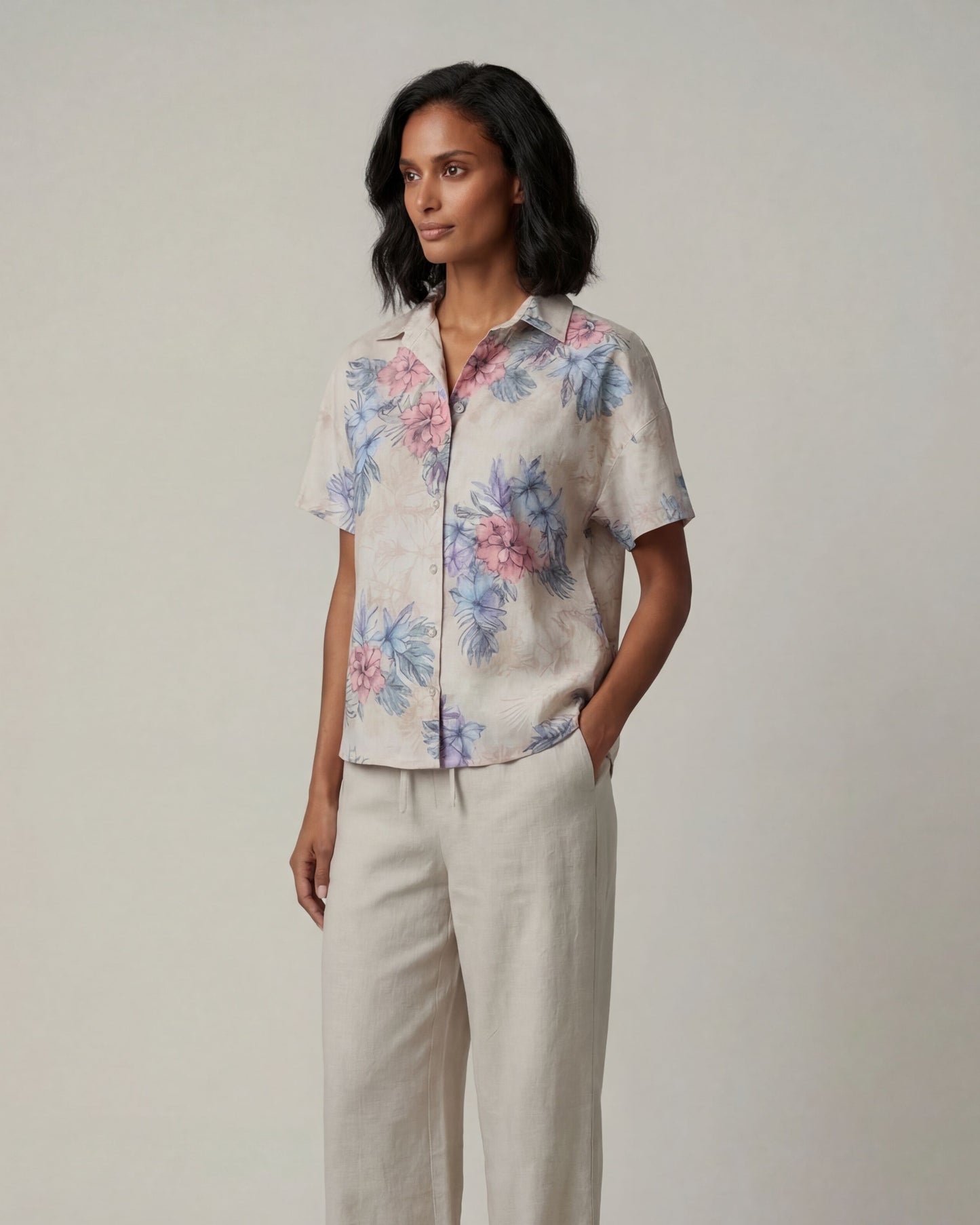 LARA EXOTIC FLORAL NATURAL WOMENS RELAXED LINEN SHIRT