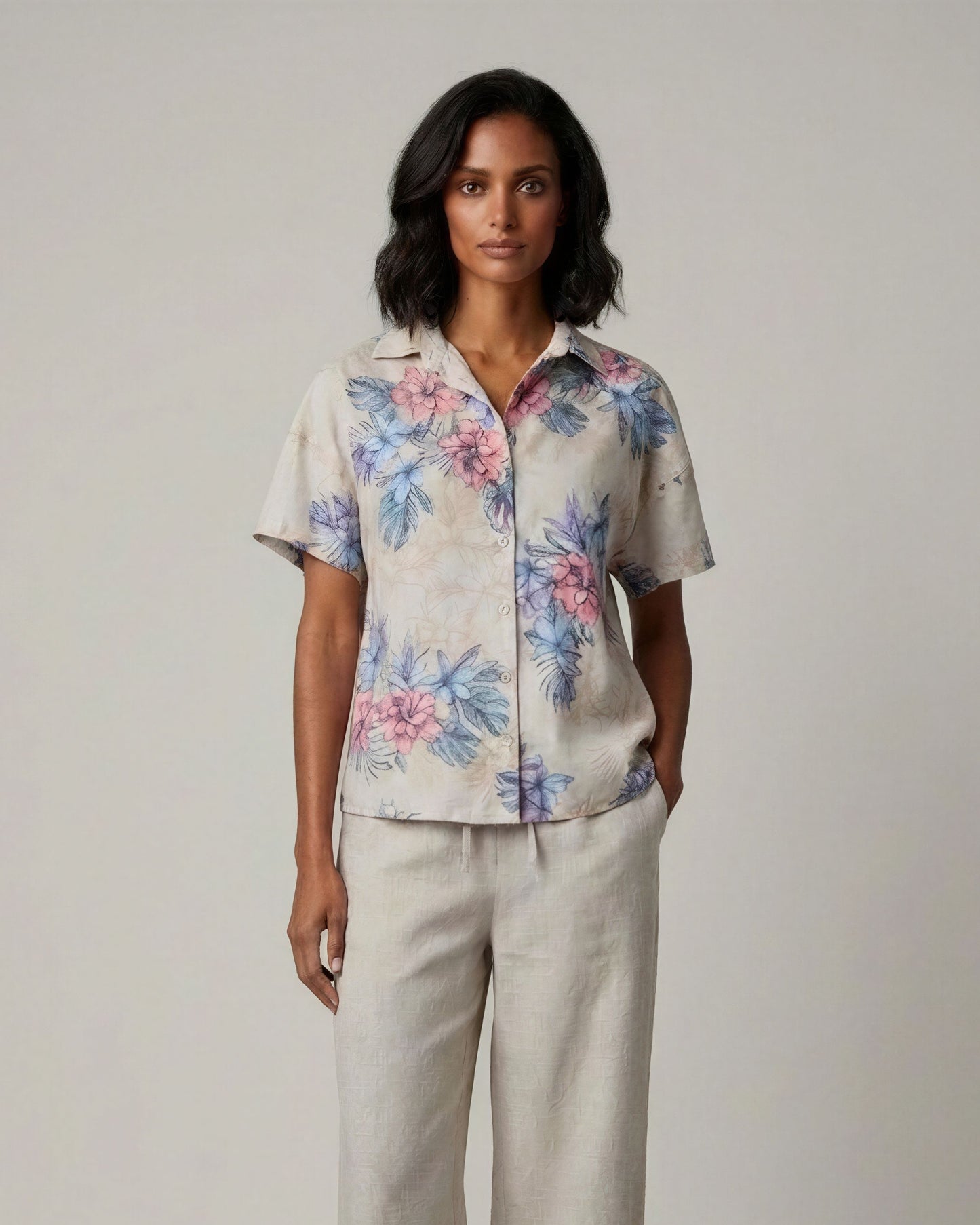 LARA EXOTIC FLORAL NATURAL WOMENS RELAXED LINEN SHIRT